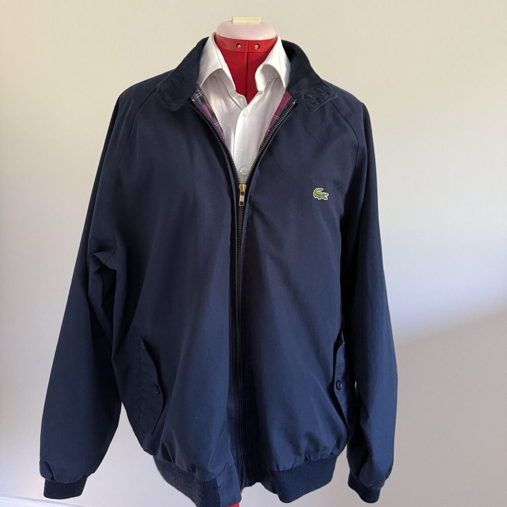 Vintage 1980s Izod Lacoste Harrington Jacket Men’s Large Navy Blue Tartan